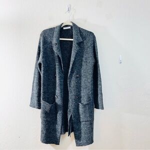 Sugar Rain Long Sleeve Open Front Fuzzy Long Cardigan Large Black/White Pockets